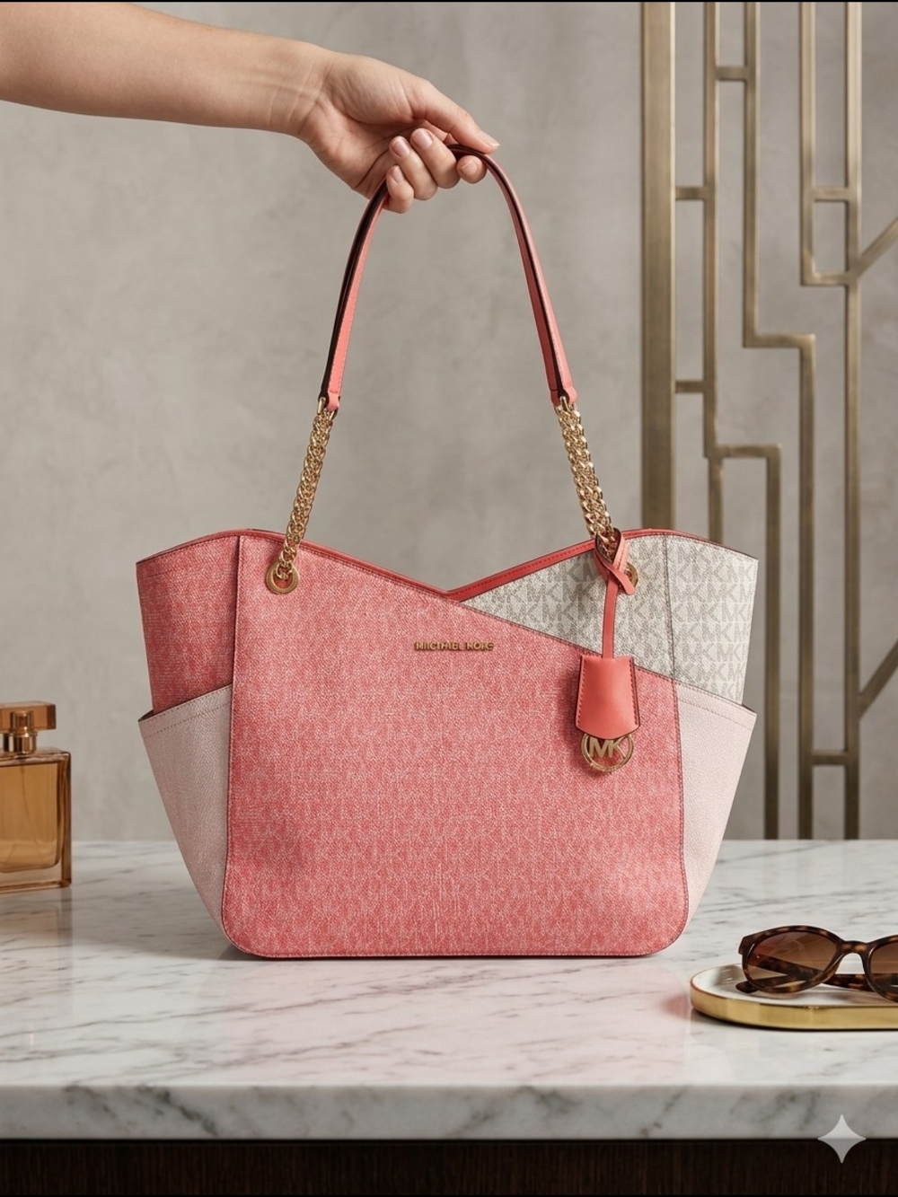 Michael Kors Jet Set Travel Large Chain Shoulder Tote Tea Rose Multi (NWT)